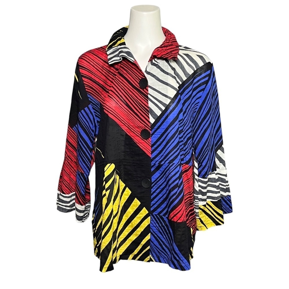 Damee Artsy Patchwork Button Up Top Women's L Tunic Wire Collar Abstract Vibrant